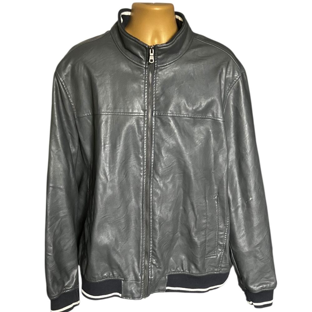 Tommy Hilfiger Faux Leather Bomber Jacket Gray XXL Full Zip Ribbed Trim